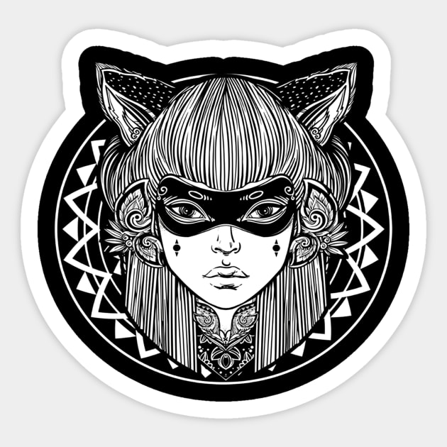 Hand Drawn Cat Woman Tshirt Demon Mask Foxy Mandala Sticker by klausgaiser